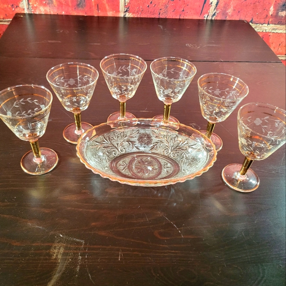 Vintage sherry glasses and dish